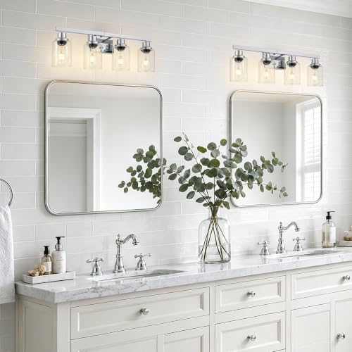 Image of 4-Light Chrome Vanity Lights,24 inch Bathroom Light Fixtures | Modern Polished Chrome Bathroom Lighting over Mirror with Clear Glass Shades,Farmhouse Bathroom Wall Sconece over Sink,E26