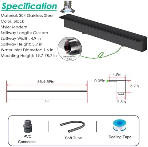 72-Inch Stainless Steel Pool Fountain - Overflow Waterfall Spillway for Pond, Patio, and Deck - Wall Recessed Sprayer Spout with Fittings (Black)
