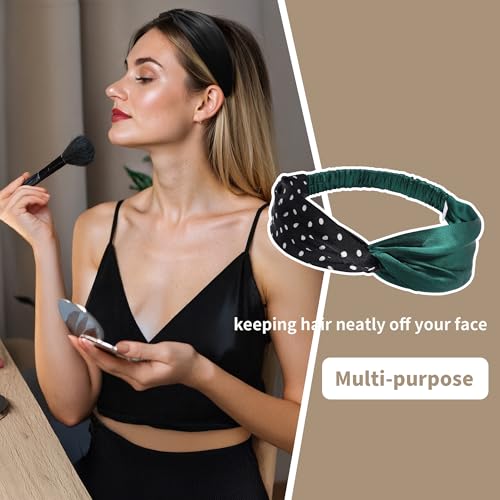 Image of ZLYC Mulberry Silk Headband for Women's Hair, Polka Dots and Dark Green | smooth luxury real silk, stretch elastic no slip fit, makeup spa skincare use, travel daily wear,boho fashion hair accessory