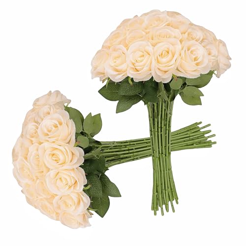JUSMAI 30pcs Roses Artificial Flowers Champagne Silk Roses with Long Stems Fake Flowers for Wedding Bouquet Centerpices Decorations Party Bridal Baby Shower Home Decor