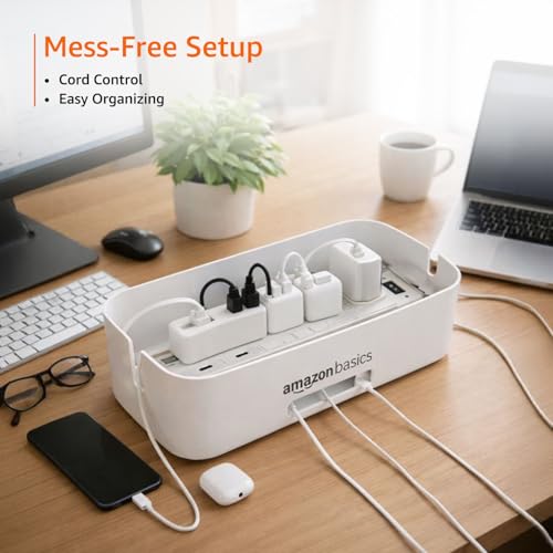 Image of Amazon Basics - Cable Management Box with Mobile Stand - Power Strip, Cords, Wires | Surge Protector Hiding Cover Organizer for Home, Office (White)