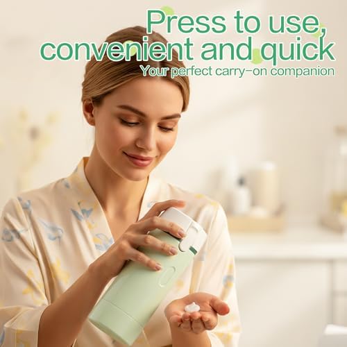 4 in 1 Travel Dispenser Bottle Essentials Camping Toiletries Pump TSA Approved Leak Proof Size Portable Containers Refillable for Shampoo Lotion Creams Body Wash Conditioner Attached Label (Green)