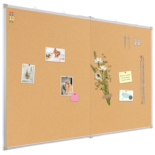 AMUSIGHT Doppelseitige, große Korktafel, 121,9 x 91,4 cm, faltbar, zum Aufhängen, Aluminiumrahmen, Pinnwand, Korktafel, für Wände, Büro, Schule, Dekoration, 20 Pinnnadeln