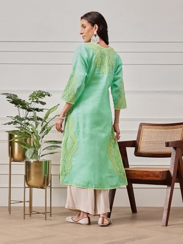 Image of Ada Lucknowi Hand Embroidered Chikankari Cotton Kurta Kurti Tunic for Women A253605 (Sea Green, 3XL)