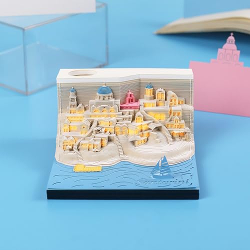 Cadeau créatif bloc-notes 3D Santorin avec porte-stylo silhouette et lumière