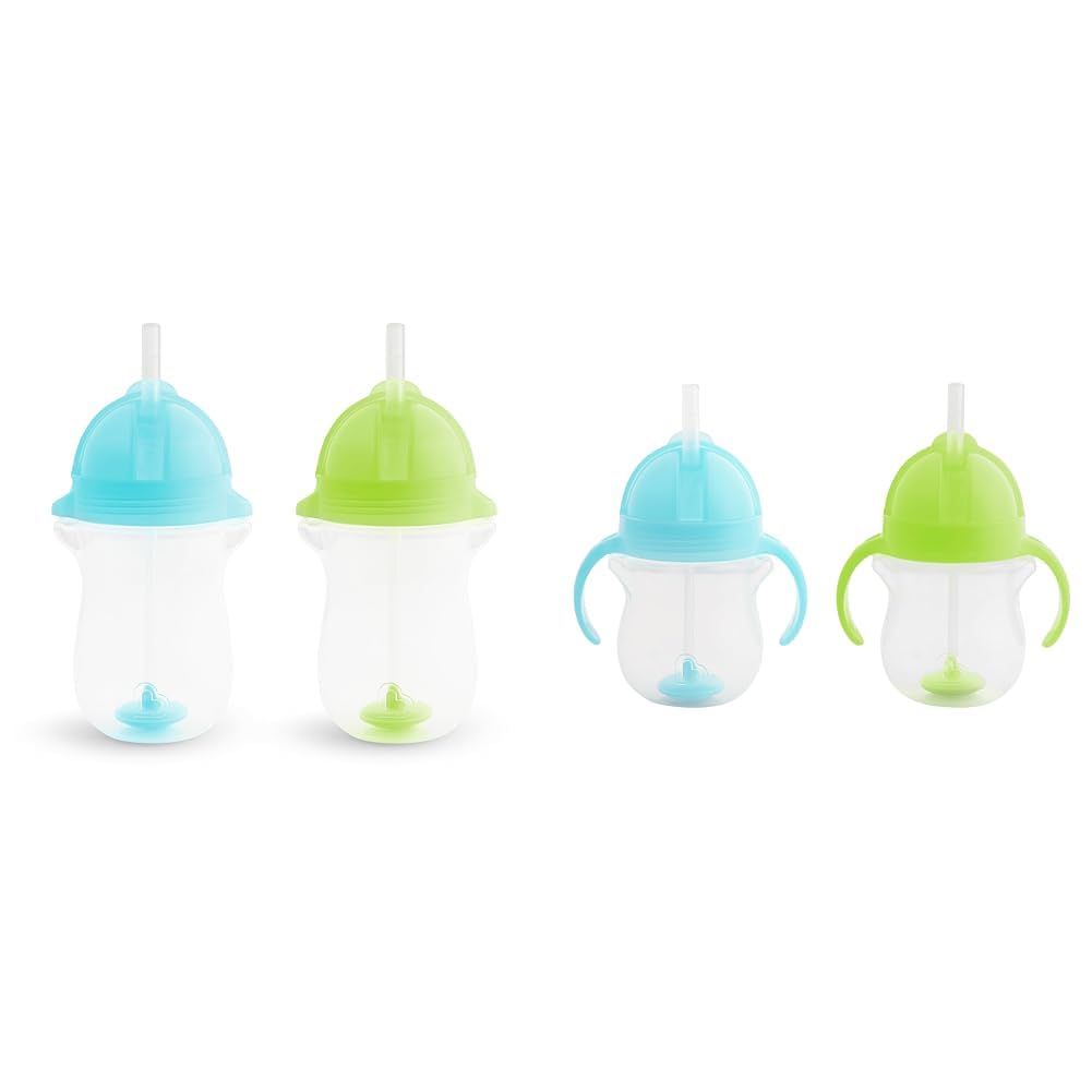 Munchkin® Any Angle™ Weighted Toddler Straw Cup with Click Lock™ Lid, 10 Ounce, Blue/Green & Any Angle™ Weighted Straw Trainer Cup with Click Lock™ Lid, 7 Ounce, 2 Count (Pack of 1)
