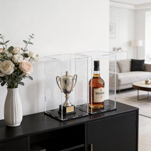 Image of Acrylic Display Case for Red Wine Bottle and Dolls, Versatile Clear Acrylic Display Box with Black Base for Showcase and Displaying, 7x7x16-inch