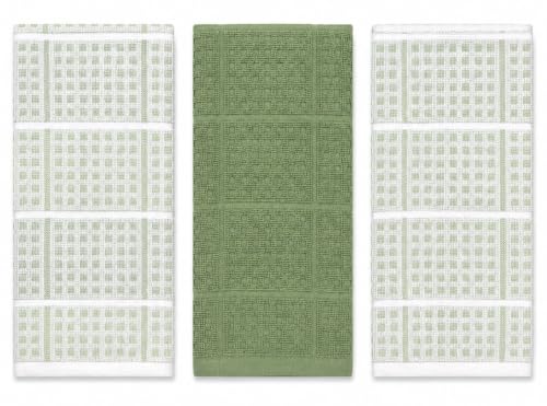 Serafina Home Sage Green Kitchen Dish Towels – Set of 3 100% Cotton Cloth Soft Cleaning Drying Absorbent Textured Waffle & Checkered Weave – Oversized 28" x 18" Multipurpose Towels for Everyday Use