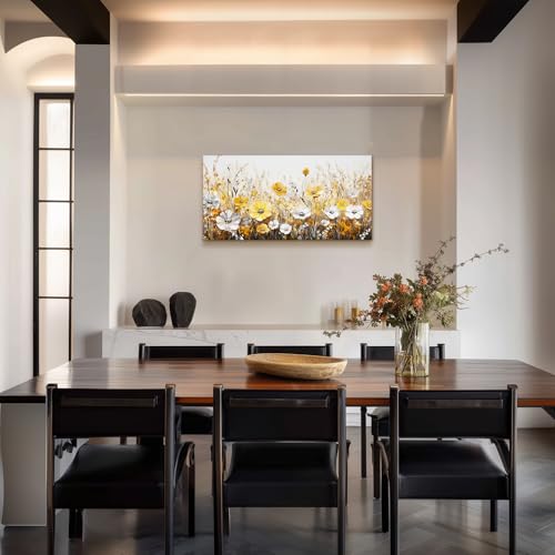 SERIMINO Wildflowers Large Wall Art, Modern Industrial Gold and Silver Floral Art Prints, Rustic Flower Field Canvas Paintings, Vintage Pictures for Living Room Bedroom Kitchen Decoration 20"X40"