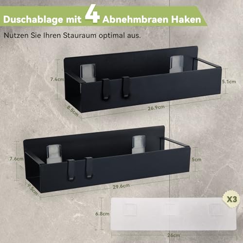 Duschablage ohne Bohren Schwarz, Duschregal Badregal ohne Bohren, 2 Stück Rostfreie Badezimmer Organizer, Shampoo Duschgel Halterung für Dusche, Duschkorb Halterung Shower Shelf Mit 4 Haken