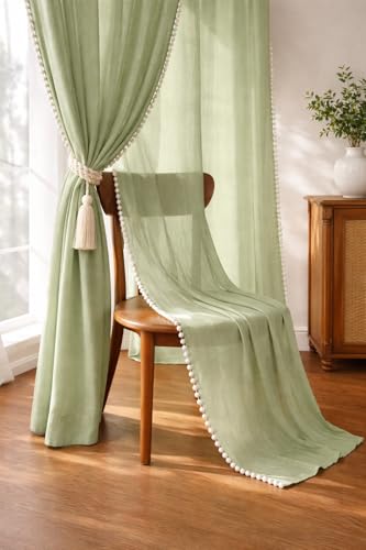 Image of THE Linen Company Cotton Linen Curtains, Avocado Green, 4 Feet | Solid, Rod Pocket, Light Filtering, Pack of 1