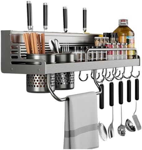 Wall Storage Rack for Kitchen - No Drilling Shelf Organizer for Knives, Chopsticks, Utensils, Cutting Boards & Cleaning Cloths - 2 Holders for Easy Access & Space Saving