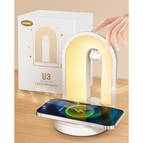 Gemmac 3 em 1 luz noturna, candeeiro de noite com altifalante Bluetooth, carregador sem fios para telemóvel, candeeiros táteis candeeiros de mesa Night Light Wireless Charger para presentes, decoração