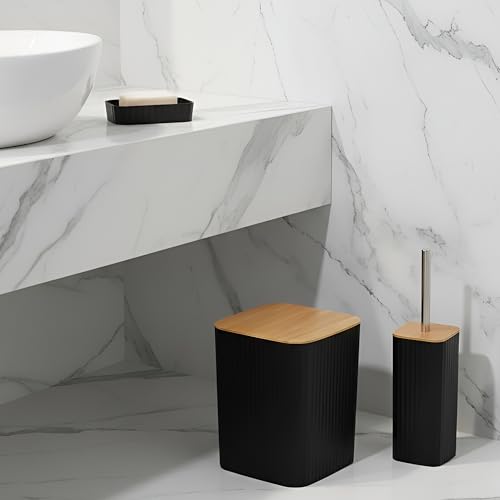 Image of iBELL 6-Piece Bathroom Accessories Set - Soap Dispenser, Toothbrush Holder, Mouthwash Cup, Toilet Brush with Holder, Dustbin and Soap Dish, Black Textured Finish IBL 06-B6