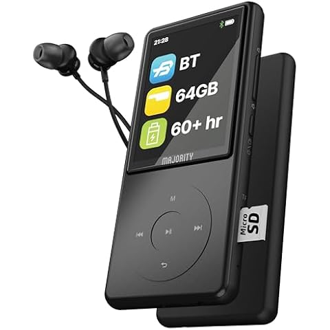 Bluetooth MP3 Player with Earphones | 64GB Slim, Expandable up-to 128GB, Inbuilt Speaker, 2.4” Full Color Display with Intuitive Touch Controls, 67h Battery Life | Majority MP3 Pro Cover