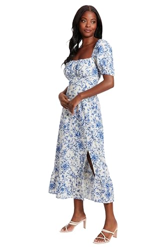 Image of London Times Womens Square Neck Smocked Back Linen Blend Flattering Versatile Spring Summer Garden Party