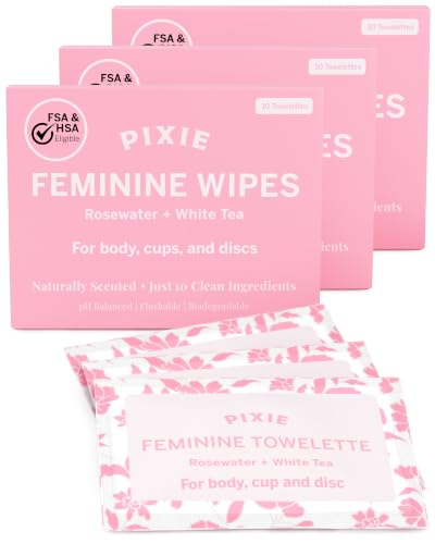 Image of Pixie Feminine Wipes - Naturally Scented Rosewater + White Tea - Flushable, Biodegradable & pH Balanced - Individually Wrapped Wipes for On The Go - Cleaner for Menstrual Cups & Discs (3 Packs of 10)