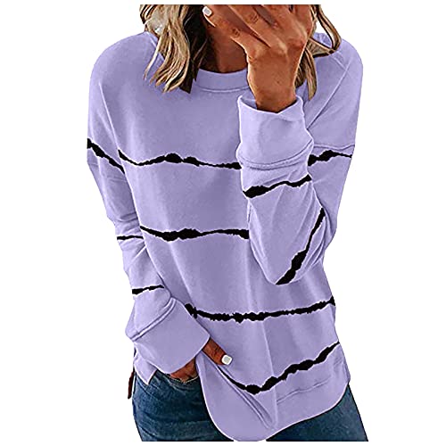 Amazingdays Long Sleeve Tee Shirts for Women Casual Trendy Print Color Block Striped Round Neck Blouses Purple