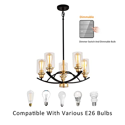 9Mmml 5 Lights Glass Chandelier,Wrought Iron Pendant Light Fixtures, Gold+Black Finish Kitchen Island Lighting For Dining&Living Room Foyer Bar #TOP5