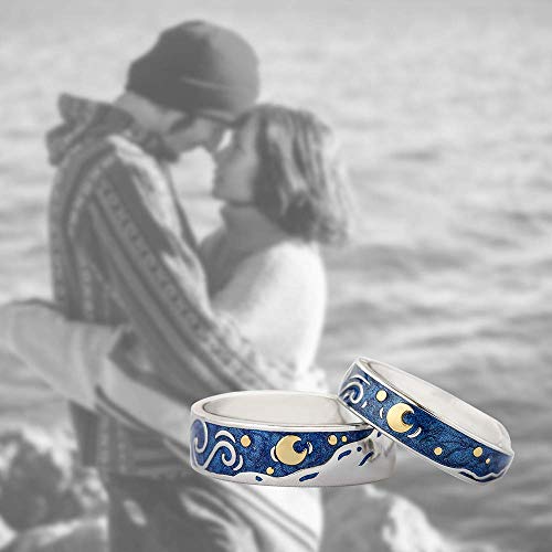 Image of Thaya 925 Sterling Silver Van Gogh's Sky Couple Rings Bright Shining River /Bee Promise Rings Blue Open Band Ring Engagement Romantic Jewelry Ring Size 5-8 Jewelry Gift for Women and Girls