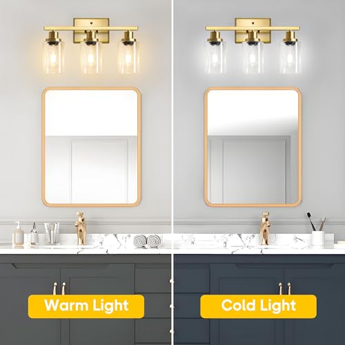 Image of Ascher Bathroom Vanity Light Fixtures, 3 Light Wall Sconces Lighting with Clear Glass Shade, Gold Wall Lights for Mirror, Kitchen, Living Room, Gallery, E26 Base (Bulbs Not Included)