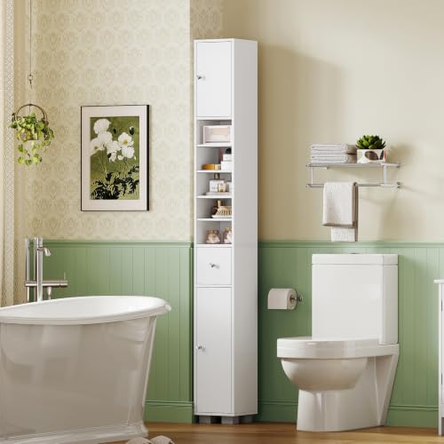 Image of TEENFON Bathroom Cabinet, Narrow Bathroom Storage Cabinet with 5 Adjustable Shelves & Drawer, Freestanding Cupboard for Small Spaces, White