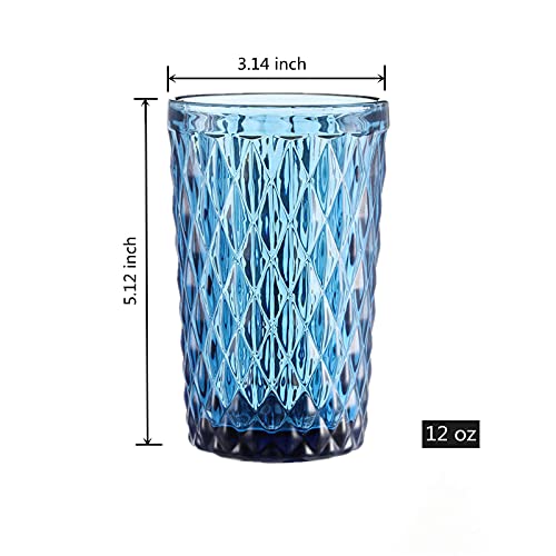 Bandesun Blue Drinking Glass Set Of 6 - Tumbler（12 Oz） Kitchen Glasses Diamond Glassware，For Water，Cocktail，Milk，Juice And Beverage. #TOP2