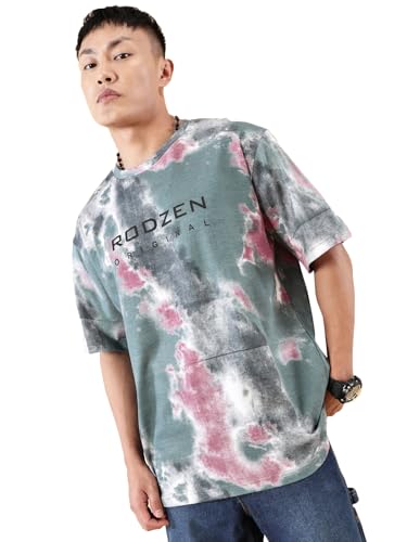 Buy RodZen Oversized Half Sleeves Cotton Round Neck Tie-Dye Grey - Image 2