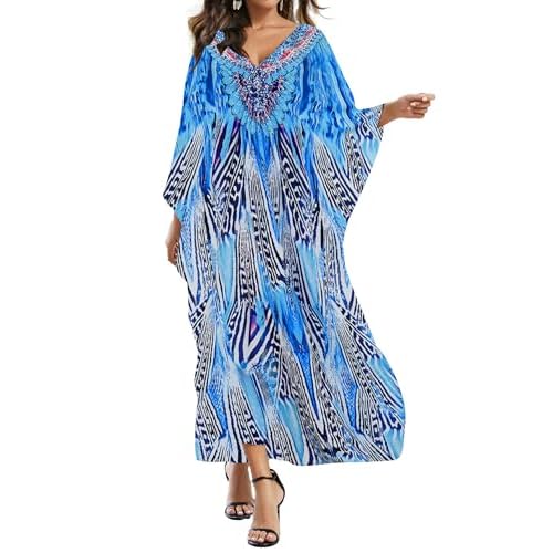 Eddoyee Women Animal Print Kaftan Dress Long Sleeve Beach Bathing Suit Cover Ups V-neck Plus Size Caftan A-blue