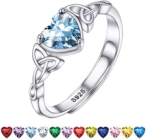 Bestyle Women 925 Sterling Silver Celtic Knot Birthstone Ring Dainty Gemstone Wedding Band Engagement Ring for Her Adjustable Silver Heart Shape Birthstone Jewellery