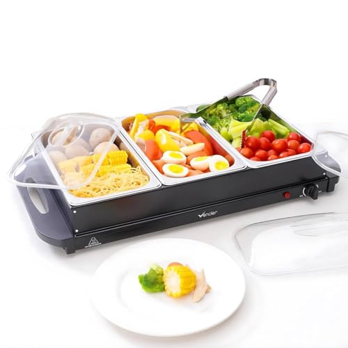 Vencier 3-Pan Buffet Server, 3 x 2.5L Capacity Pans, 300W Food Warmer with Adjustable Temperature, Portable Hot Plate & Chafing Dish, Bain Marie Steam Table for Catering & Entertaining (Black)