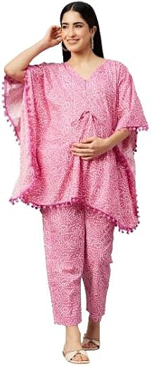 Aaheli Women’s Pink Cotton Printed Maternity Kaftan Top &amp; Pant Set | Relaxed Fit | Soft Breathable Fabric | Suitable for P...