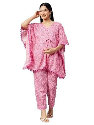 Aaheli Women’s Pink Cotton Printed Maternity Kaftan Top & Pant Set | Relaxed Fit | Soft Breathable Fabric | Suitable for