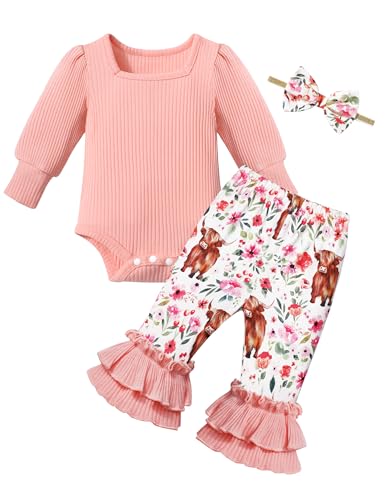 Image of CRISONE Baby Girl Clothes Newborn Square Neck Romper + Flared Pants+ Cute Headband 3pcs Infant Girl Outfit Set