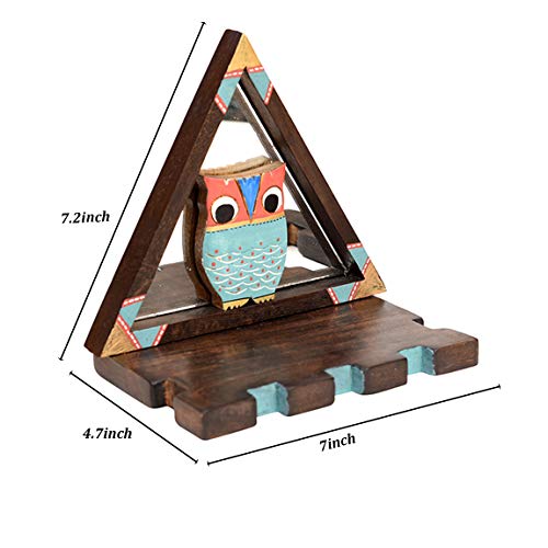 Image of AAKRITI ART CREATIONS Triangular Wall Decor Shelves (SO2) with Blue Owl Motifs Set on Mirrors (7x4.7x7.2)