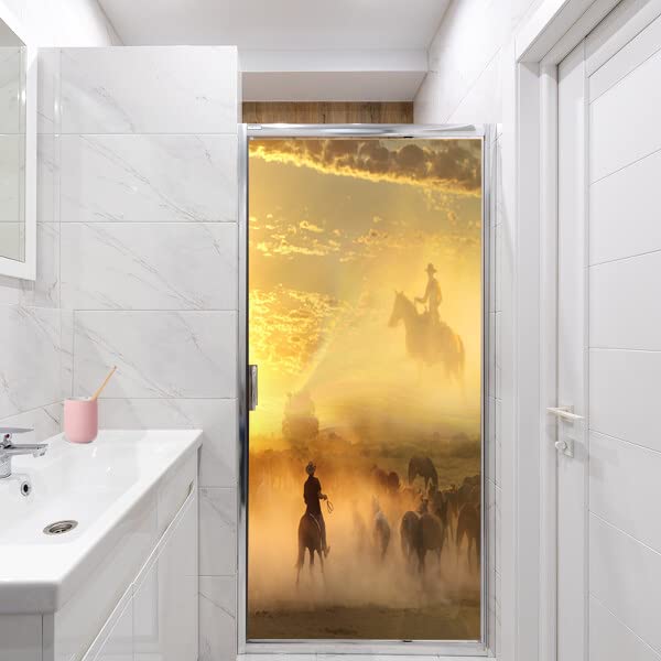 Desert Cowboy American Decorative Window Film Wild Western Sunset Running Horsesdining Room Window Film,Dorm Room Glass Film 35.4Wx78.7L-Inch X1Pcs