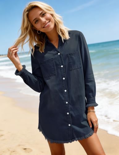 Image of Zilcremo Women Denim Dress Long Sleeve Button Down Jean Shirt