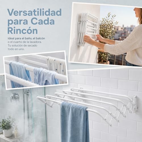 Miniatura 11 de Various Tendedero Plegable De Secado De Ropa Para Colgar En La Pared,Tendedero Extensible De Pared 100 Cm De Intetiot O Exterior De Acero Blanco,Tendedro Con 5 Barras Ahorra Espacio