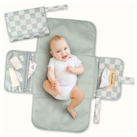 Tiny Twinkle Portable Diaper Changing Pad | Waterproof, Wipeable & Compact Baby Changing Pad for Travel | Smart Wipes Pocket & Organized Storage| Newborn Shower Gift (Sage Checkers)