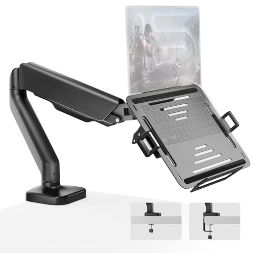 monTEK 2-in-1 Monitor und Laptop Arm mit Verstellbarer Laptopablage für Schreibtisch für max 18 Zoll Notebooks und 32 Zoll Bildschirme Monitor Halterung mit VESA 75/100 Klemme/Durchführung