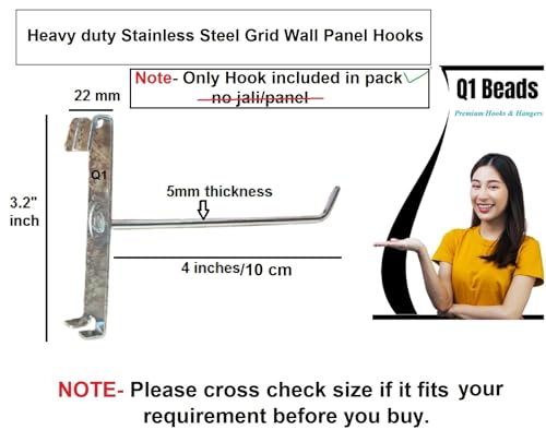 Image of Q1 Beads 12 Pcs 4 inch Stainless Steel Gridwall Panel /Mesh /Jali /Grid Display Hook Hanger for Showroom, Mobile Shops,Supermarket Hanging in Garment & Grocery Shops etc.(Chrome) (4 inches)