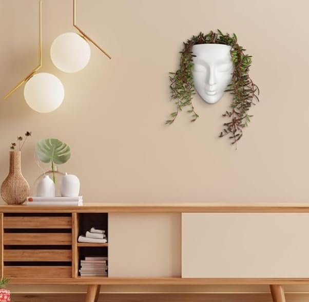 Image of Wall Mounted Face Planter Set, White, Decorative Indoor Plant Holder, Modern Home Decor, 2 Pieces (Plastic)