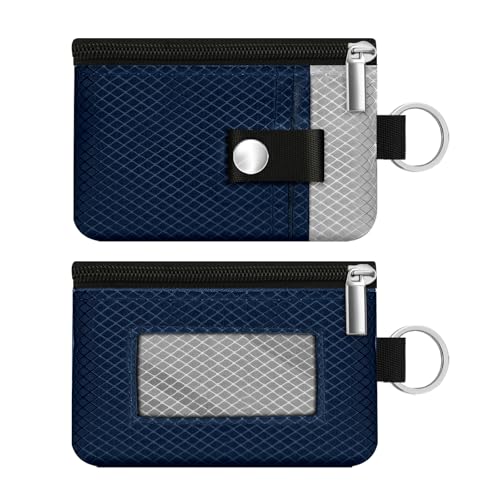 Image of Minimalist RFID Blocking Small Wallet with ID Window,WaterResistant Zip Id Case Wallet with Lanyard Keychain for Cards,Cash,Travel,Women,Men (Dark Blue /Light Gray)