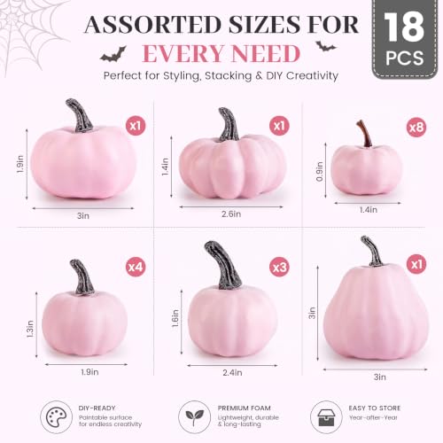 Image of DomeStar 18 PCS Assorted Pink Foam Pumpkins for Decoration, Pink Pumpkins | Baby Shower Decorations Wedding, & Thanksgiving Farmhouse Table Centerpieces