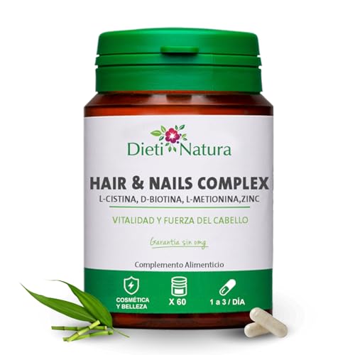 DIETI NATURA 60 Cápsulas de Vitaminas para el Cabello, Piel y Uñas – Hair & Nails con L-Cistina, L-Metionina y Biotina para el Cabello - Crecimiento de Cabello para Mujer y Hombre (60 Cápsulas)