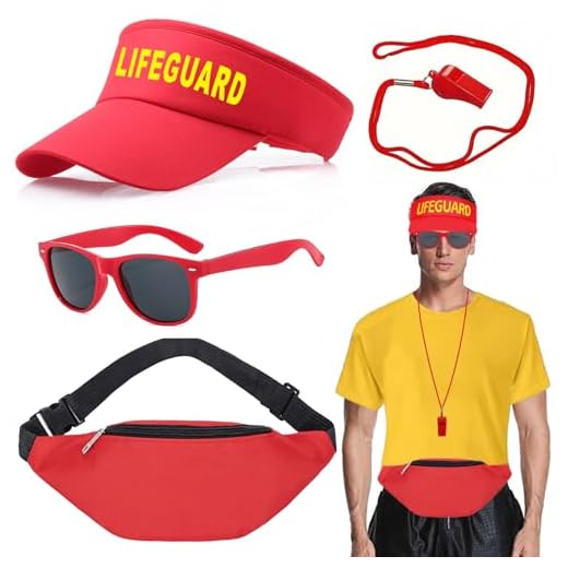 TYXHXTF 4 Pcs Disfraz de Salvavidas, Accesorios de Salvavidas Incluye Sombrero Gafas de Sol Silbato Sombrero Bolsa de Pecho para Fiestas en la Playa y la Piscina Halloween