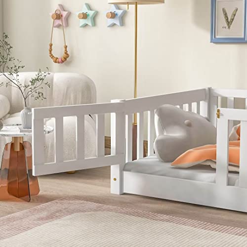 TURRIDU Twin Size Floor Bed, Wood Twin Montessori Bed Frame with Fence Guardrails and & Support Slats, Twin Playhouse Bed with Door Design, Fence Bed Playpen Bed for Little Ones, White