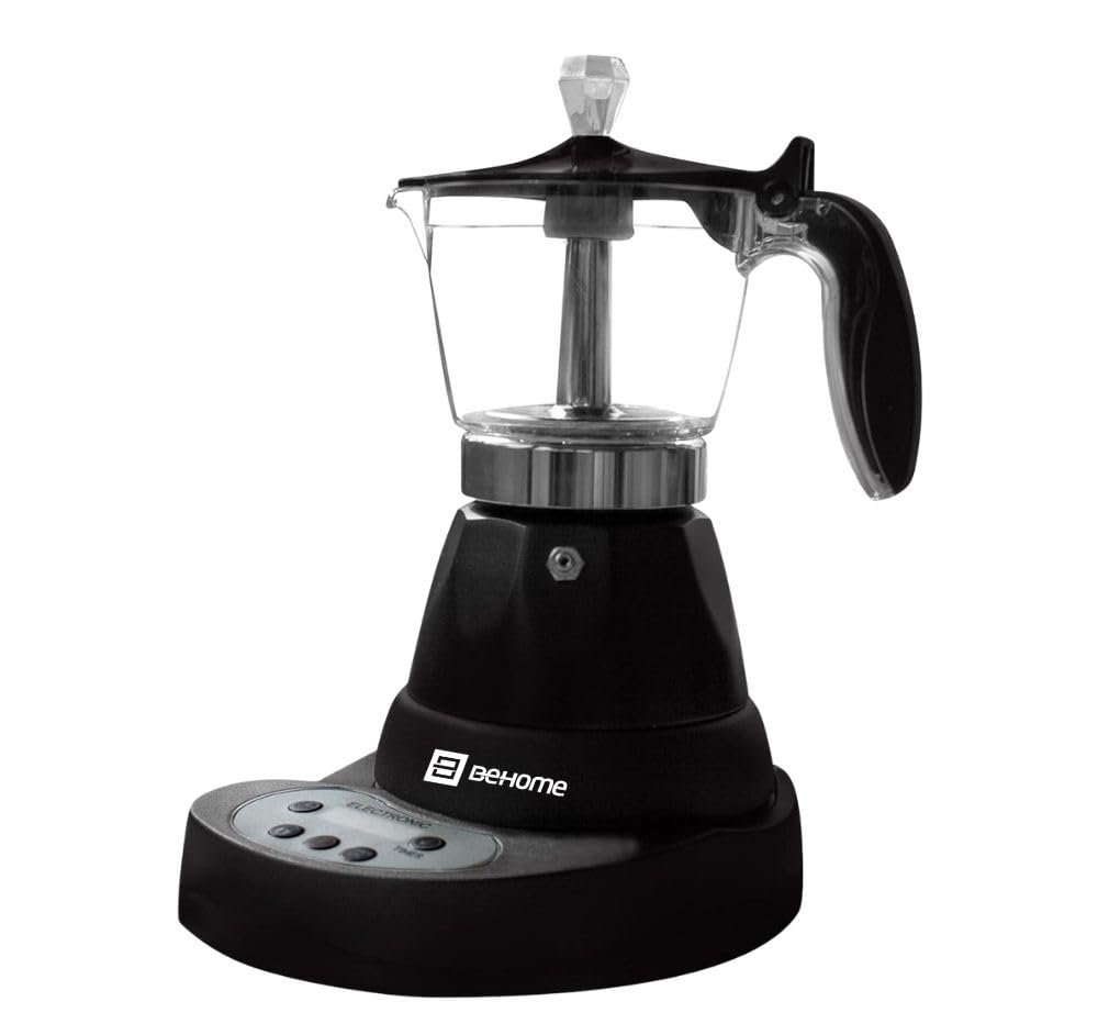BEHOME Cafetera Italiana Eléctrica 3 Tazas, Moka Espresso Automática con Reductor de 1 Taza, Auto Apagado, Base Giratoria 360°, Negra