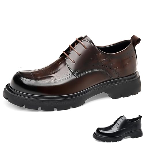 Men's Genuine Leather Round Toe Platform Chunky Heel Brogue Oxfords Retro Classic Hand Stitched Non-Slip Lug Sole Lace Up Block Heel Business Dress Oxfords for Work Office Wedding