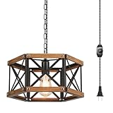 Rustic Farmhouse Plug in Pendant Light Fixture with Adjustable Chain, Dimmable Switch, 14.5 inch Industrial Oak Wood and Metal Cage Hanging Lamp for Kitchen Island Dining Room Farmhouse, Black